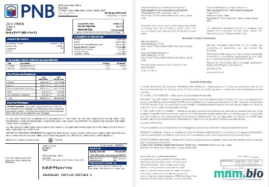ZEA Dubai PNB Bank wyciąg z kredytu hipotecznego w formatach Word i PDF